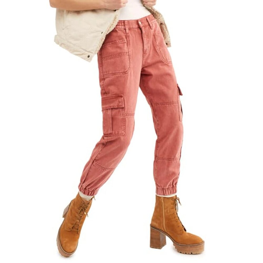 Free People Size S Cotton Platoon Cargo Pants In Red Rust Elastic Waistband - Picture 2 of 16